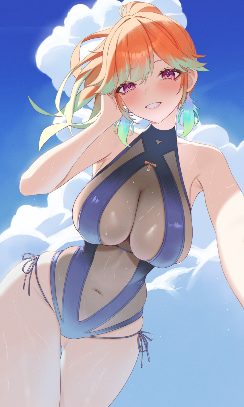 1girl absurdres blue_one-piece_swimsuit blue_sky blush breasts cleavage cloud covered_navel curvy day earrings feather_earrings feathers floating_hair high_ponytail highres hololive hololive_english jewelry large_breasts multicolored_hair official_alternate_costume one-piece_swimsuit outdoors parted_lips perfume_(takanashi_kiara) ponytail purple_eyes see-through_cleavage see-through_clothes sky swimsuit takanashi_kiara thick_thighs thighs two-tone_hair virtual_youtuber wet yubbiidraw