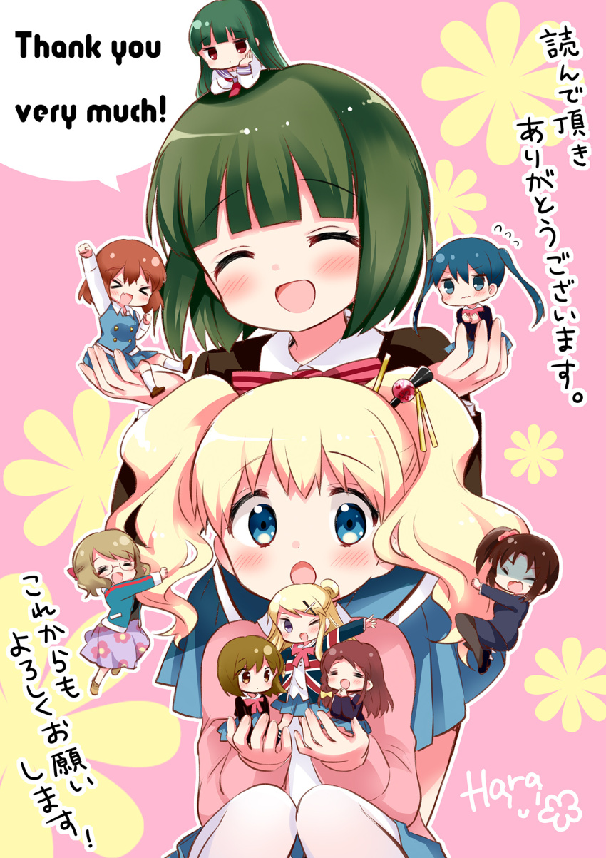 &gt;_&lt; 6+girls :d :o ^_^ alice_cartelet aqua_jacket arm_up arms_up artist_name black_footwear blonde_hair blue_eyes blue_hair blue_skirt blush border bow brown_hair brown_socks buttons carrying carrying_person chestnut_mouth chibi chopsticks clenched_hands closed_eyes closed_mouth collar collared_shirt cowboy_shot curly_hair dark_green_hair dot_mouth dot_nose double-breasted english_text everyone fang fangs floral_background floral_print flower flying_sweatdrops full_body furrowed_brow green_hair grey_eyes hair_bun hair_ornament hairclip hand_up hands_up hanging_on_another hara_yui high_ponytail highres higurashi_kana in_palm inokuma_youko jacket jitome karasuma_sakura kin-iro_mosaic komichi_aya kujou_karen kuzehashi_akari long_sleeves matching_outfits matsubara_honoka mixed-language_text multiple_girls official_alternate_costume official_art oomiya_isami oomiya_shinobu open_clothes open_jacket open_mouth orange_eyes orange_hair outstretched_arm pantyhose pink_background pink_bow pleated_skirt ponytail purple_eyes purple_hair purple_skirt red_bow red_eyes red_hair school_uniform shaded_face shirt shoes short_twintails side_ponytail signature sitting skin_fang skin_fangs skirt smile socks straight_hair thank_you track_jacket translation_request twintails white_border white_collar white_shirt white_socks x_hair_ornament yellow_bow