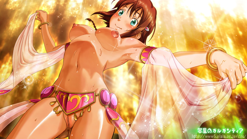 10s 1girl amy_(suisei_no_gargantia) aqua_eyes armpits bracelet brown_hair cleft_of_venus dancer green_eyes highres jewelry lots_of_jewelry navel nipples nolia open_mouth short_hair solo suisei_no_gargantia sweat topless_female