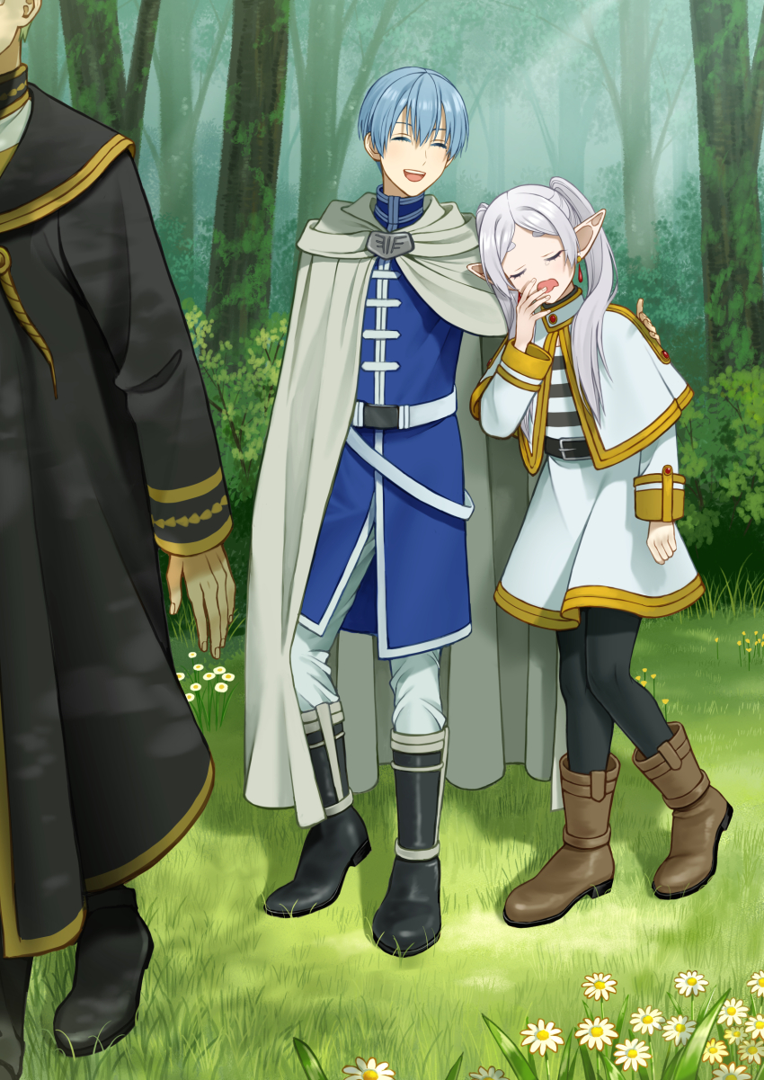1girl 2boys absurdres anko_kinako black_boots black_pantyhose black_robe blue_hair boots brown_boots cape capelet closed_eyes commentary_request flower forest frieren grass grey_cape grey_hair heiter highres himmel_(sousou_no_frieren) medium_skirt multiple_boys nature open_mouth pantyhose robe skirt smile sousou_no_frieren tree twintails white_capelet white_skirt yawning