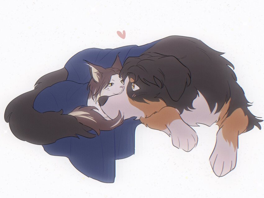 animalization arcane:_league_of_legends arcane_jayce blanket blush cat commentary dog english_commentary eye_contact great_pyrenees heart highres jayce_(league_of_legends) league_of_legends lilyalwei looking_at_another mole mole_under_eye simple_background viktor_(league_of_legends) white_background yellow_eyes