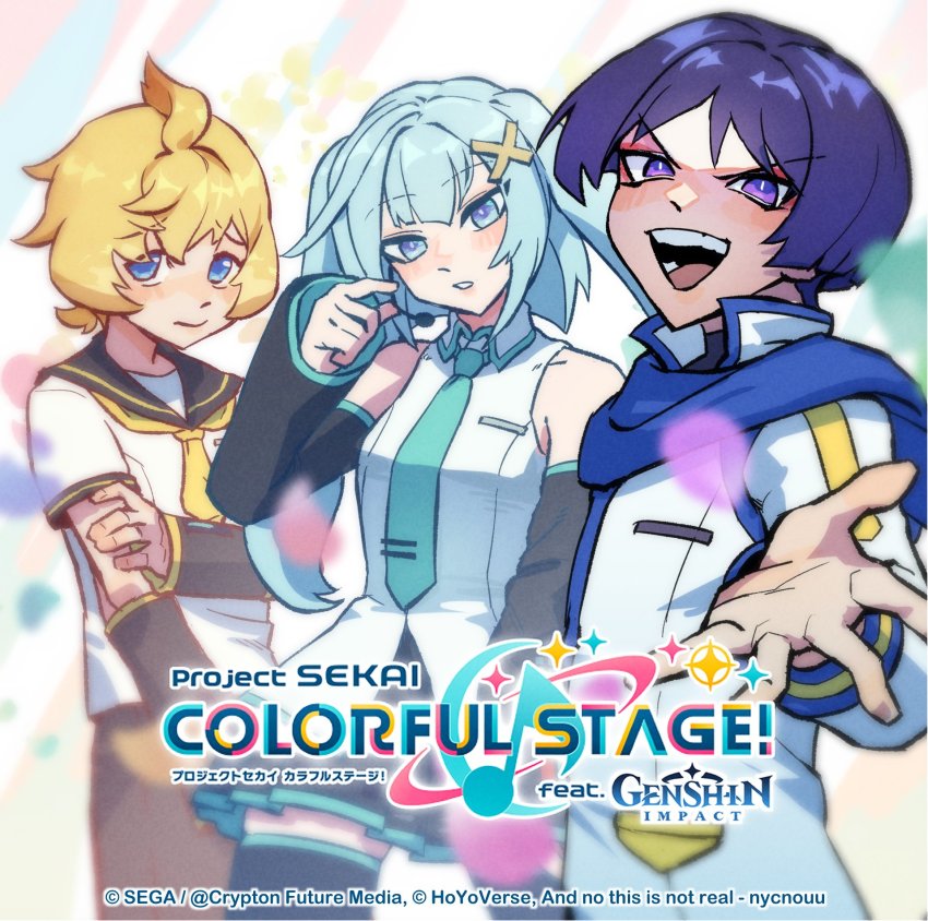 1girl 2boys :d ahoge aqua_eyes aqua_hair black_hair blue_eyes blunt_bangs blurry commentary cosplay crossover depth_of_field detached_sleeves english_commentary english_text faruzan_(genshin_impact) genshin_impact hair_between_eyes hair_ornament hatsune_miku hatsune_miku_(cosplay) highres kagamine_len kagamine_len_(cosplay) kaito_(vocaloid) kaito_(vocaloid)_(cosplay) light_brown_hair long_hair long_sleeves looking_at_viewer microphone mika_(genshin_impact) multiple_boys multiple_crossover necktie nycnouu open_mouth parody parted_bangs pleated_skirt project_sekai purple_eyes sailor_collar scaramouche_(genshin_impact) sidelocks simple_background skirt smile thighhighs trait_connection twintails twitter_username v-shaped_eyebrows vocaloid x_hair_ornament zettai_ryouiki