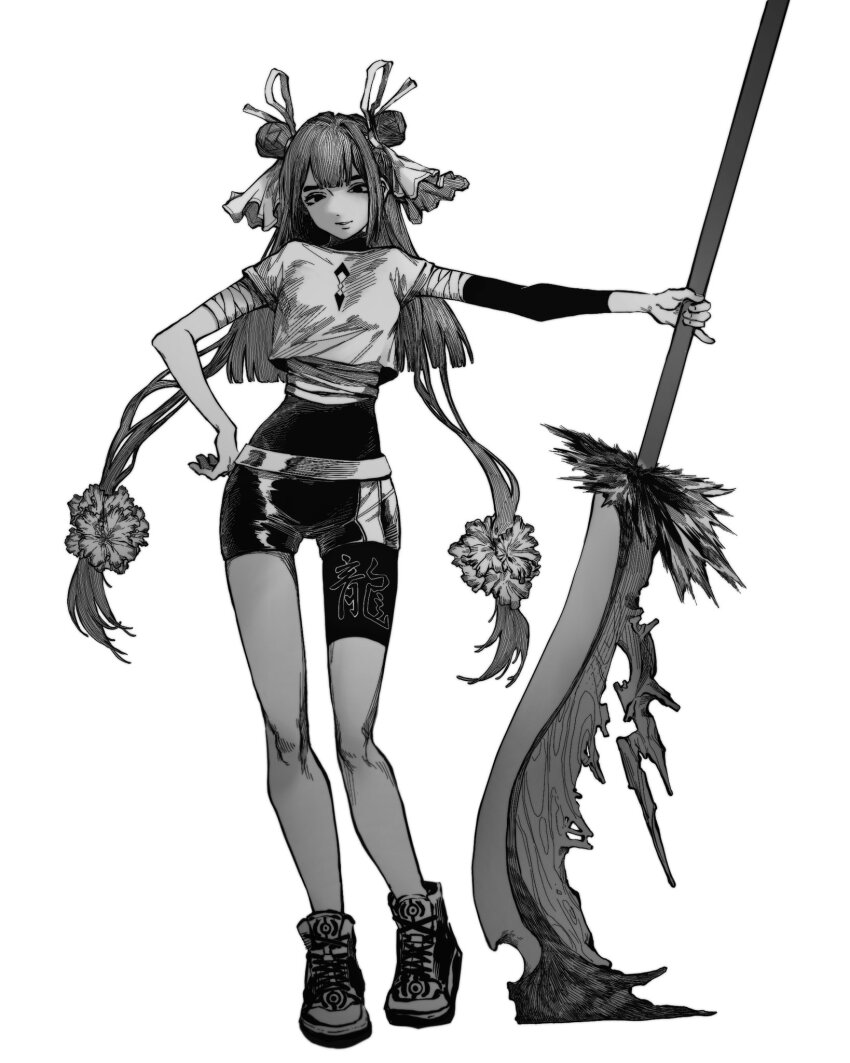 1girl asymmetrical_clothes bandaged_arm bandages blunt_ends bodysuit bodysuit_under_clothes breasts clothes_writing commentary cropped_shirt double_bun english_commentary full_body greyscale hair_bun hair_ornament hair_ribbon hair_scrunchie hand_on_own_hip highres holding holding_polearm holding_weapon long_hair looking_at_viewer making-of_available medium_breasts midriff_sarashi monochrome original outstretched_arm pinky_out polearm ribbon sarashi scrunchie shiny_clothes shirt_overhang shoes short_shorts shorts simple_background smile sneakers solo standing thigh_shorts two_side_up very_long_hair weapon weapon_request zero808w