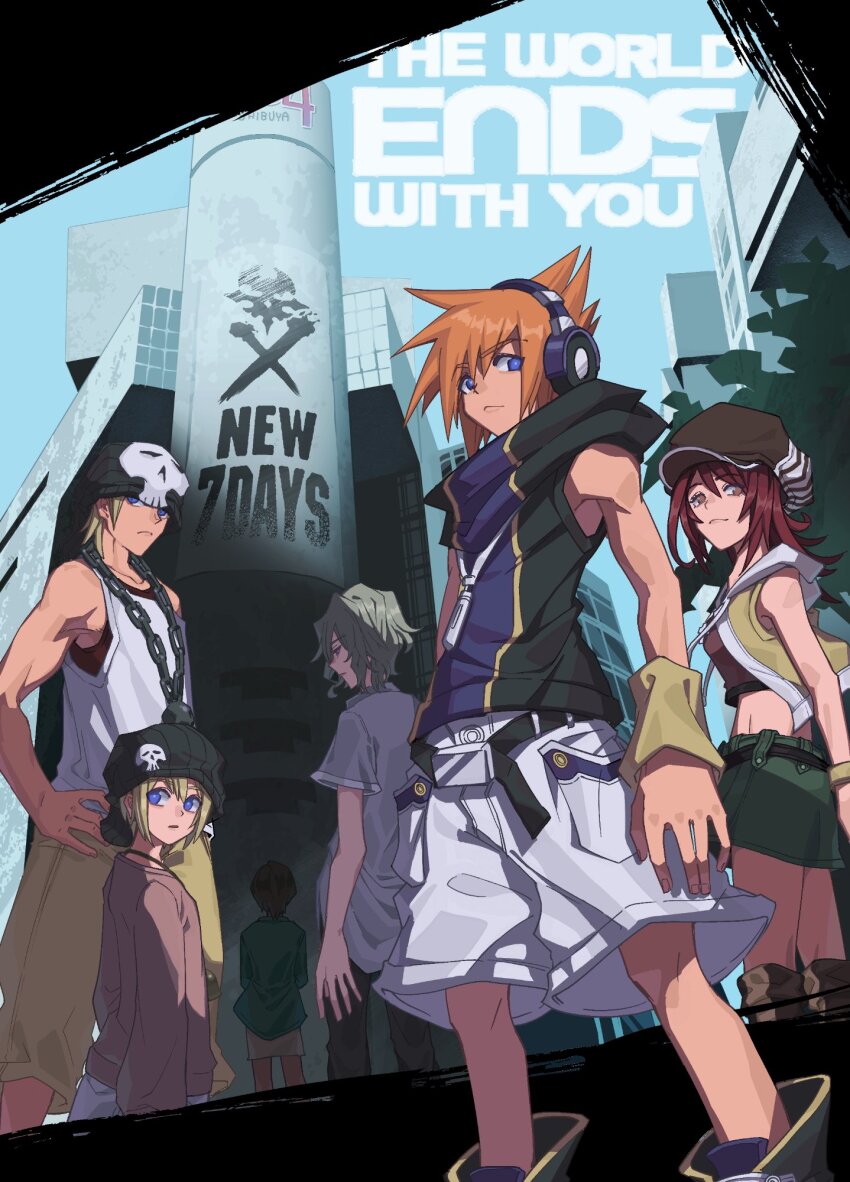 2girls 3boys beanie belt bito_daisukenojo bito_raimu black_headwear blonde_hair blue_eyes boots brown_eyes brown_hair cabbie_hat chain copyright_name crop_top digital_media_player digital_walkman hands_on_own_hips hat headphones highres jewelry kiryu_yoshiya looking_ahead midriff miniskirt misaki_shiki multiple_boys multiple_girls navel necklace ohji130 orange_hair red_hair sakuraba_neku shibuya_(tokyo) shirt short_hair shorts skirt sleeveless sleeveless_jacket smile spiked_hair subarashiki_kono_sekai tank_top tokyo_(city) walkman_nw-s203f wristband