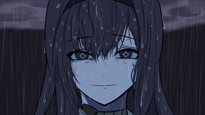 1girl absurdres arknights black_hair black_hairband choebal1356201 close-up commentary diamond-shaped_pupils diamond_(shape) eye_twitch hairband hashtag-only_commentary highres long_hair looking_at_viewer portrait priestess_(arknights) rain reze&#039;s_eye_twitch_(chainsaw_man) scene_reference smile solo symbol-shaped_pupils wet wet_hair