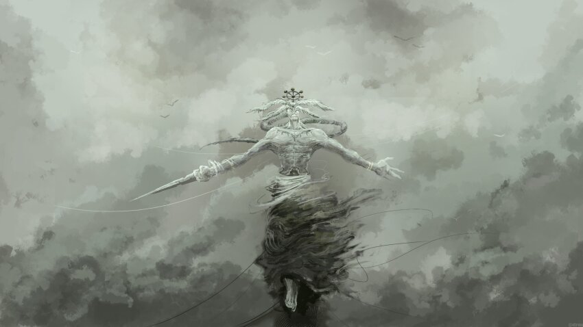 1boy absurdres eight-handed_wheel eyes_on_wings floating head_tail highres jujutsu_kaisen mahoraga_(jujutsu_kaisen) monster nitrovu pale_skin shikigami solo sword_of_extermination teeth wheel wheel_of_dharma wide_shot wings wrist_blades