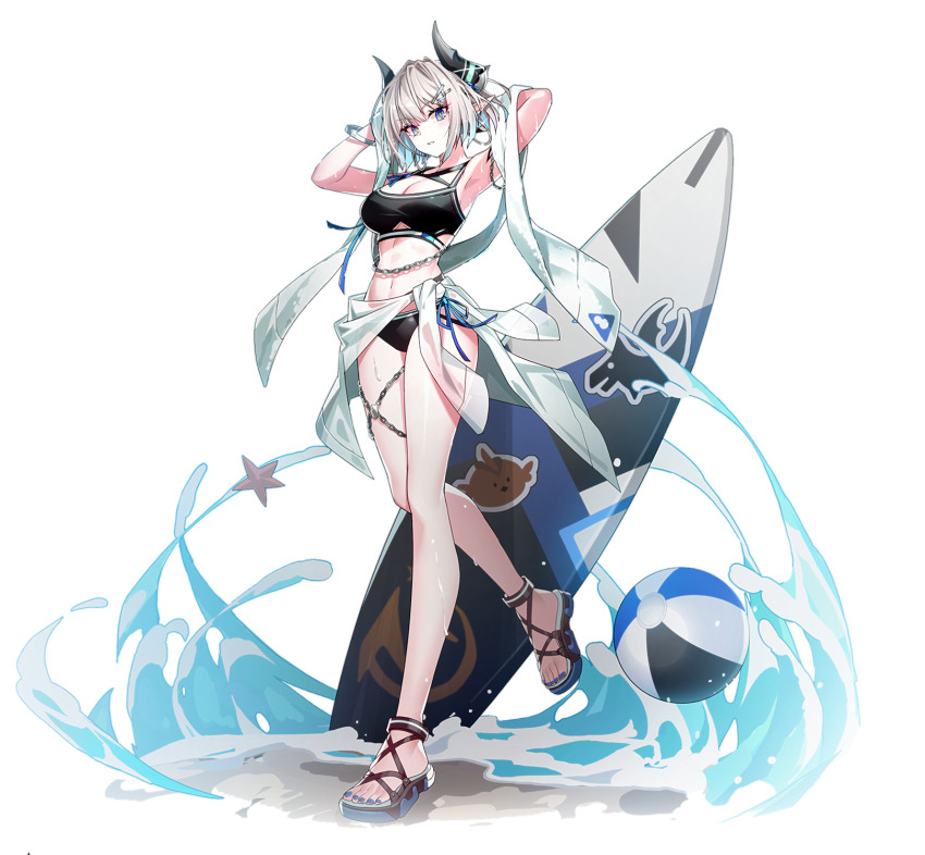 1girl armpits ball bare_shoulders beachball bikini black_bikini blue_eyes blue_ribbon breasts chain clothes_around_waist cross-laced_footwear dragon_girl dragon_horns feet grand_chase grey_hair hair_ornament hairpin highres holding holding_towel horns medium_breasts medium_hair nail_polish navel official_alternate_costume official_art platform_sandals pointy_ears ribbon sand sandals slit_pupils solo star_(symbol) stomach surfboard swimsuit tachi-e tiamat_(grand_chase) towel transparent_background tsurime waves wet yeum