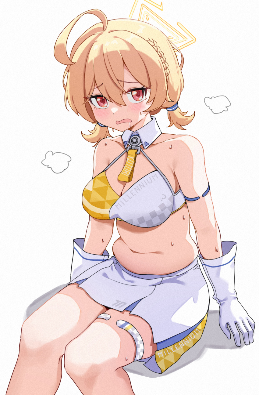 1girl 2023 ? ahoge armband backlighting bell blonde_hair blue_archive blush braid breasts character_name cleavage clothes_writing collar drooling gloves highres kotori_(blue_archive) kotori_(cheer_squad)_(blue_archive) looking_at_viewer midriff navel open_mouth red_eyes shadow short_hair sitting skirt solo sweat white_background white_gloves white_skirt yunbei3