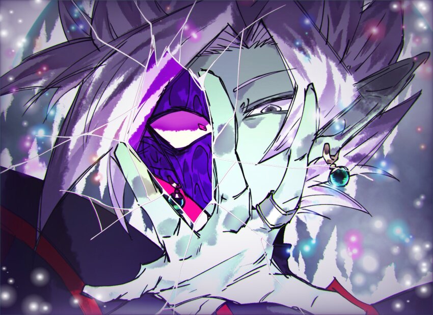 1boy black_bodysuit bodysuit colored_sclera colored_skin dragon_ball dragon_ball_super earrings fused_zamasu green_skin grey_eyes heterochromia jewelry long_sleeves looking_ahead melting mismatched_pupils mismatched_sclera multicolored_skin mutation pink_eyes pointy_ears potara_earrings purple_skin reaching reaching_towards_viewer ring solo spiked_hair v621 white_hair yellow_sclera