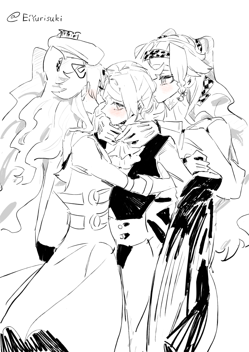 3girls absurdres ascot blush checkered_hairband commentary dress dual_persona elbow_gloves girl_sandwich gloves greyscale hairband hand_on_another&#039;s_neck hashtag-only_commentary highres long_hair long_sleeves monochrome multiple_girls official_alternate_costume reverse:1999 sandwiched sonetto_(parade_anthem)_(reverse:1999) sonetto_(reverse:1999) spot_color twitter_username two_side_up vertin_(reverse:1999) vest ying_(suetmo) yuri