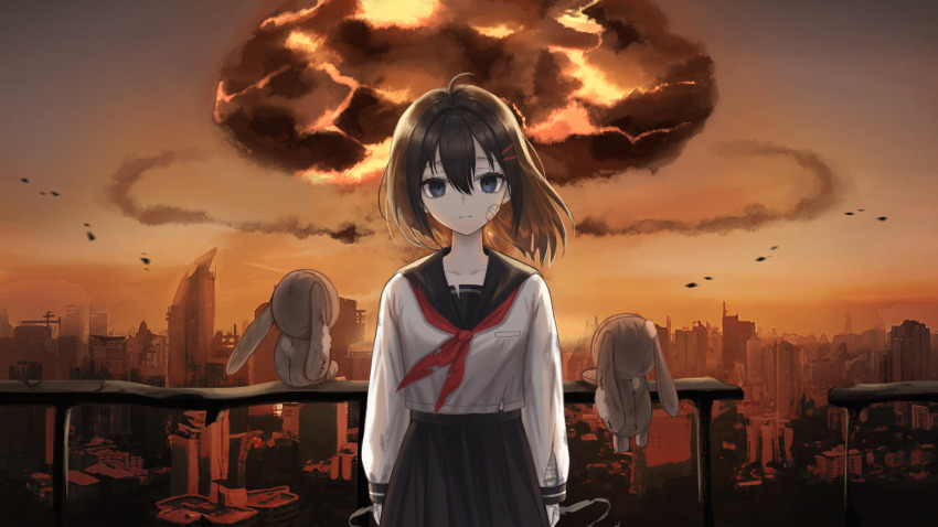 1girl absurdres ahoge arms_at_sides black_hair black_sailor_collar black_skirt blue_eyes building character_request city closed_mouth commentary_request cowboy_shot explosion expressionless floating_hair gauze gauze_on_cheek hair_between_eyes hair_intakes hair_ornament hairclip highres kkamkkam long_sleeves looking_at_viewer mushroom_cloud neckerchief nuclear_explosion orange_sky original outdoors parallel_hairclips rabbit railing red_neckerchief ringed_eyes sailor_collar scenery school_uniform serafuku shirt short_hair skirt sky skyline skyscraper solo stuffed_toy torn_clothes torn_neckerchief vocaloid white_shirt