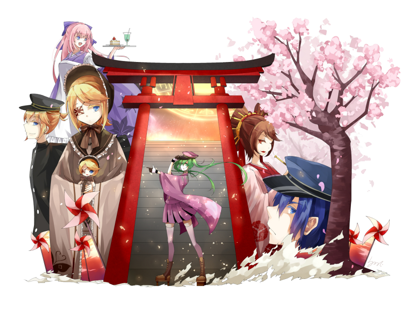 2boys 4girls bad_id bad_pixiv_id blonde_hair blue_eyes blue_hair brown_eyes brown_hair eyepatch green_hair hat hatsune_miku highres japanese_clothes kagamine_len kagamine_len_(ni_no_sakura_senbu) kagamine_rin kagamine_rin_(ni_no_sakura_kouchou) kaito_(rei_no_sakura_sousetsu)_(vocaloid) kaito_(vocaloid) lyodi megurine_luka megurine_luka_(san_no_sakura_fuuka) meiko_(rei_no_sakura_benitsubaki)_(vocaloid) meiko_(vocaloid) multiple_boys multiple_girls peaked_cap pink_hair pinwheel senbon-zakura_(vocaloid) short_hair skirt thighhighs torii twintails vocaloid zettai_ryouiki