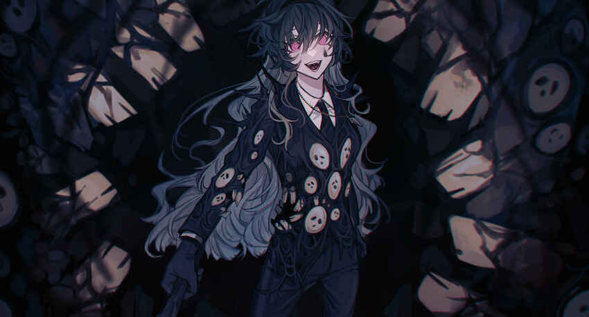 1girl absurdres black_gloves black_hair black_jacket black_necktie black_pants collared_shirt e.g.o_(project_moon) employee_(project_moon) gloves highres holding holding_weapon jacket lobotomy_corporation long_hair looking_at_viewer mountain_of_smiling_bodies necktie nugget_(project_moon) open_mouth pants pink_eyes project_moon shirt smile smile_(e.g.o) solo teeth the_sword_sharpened_with_tears_(e.g.o) wavy_hair weapon white_shirt yasuihiruya