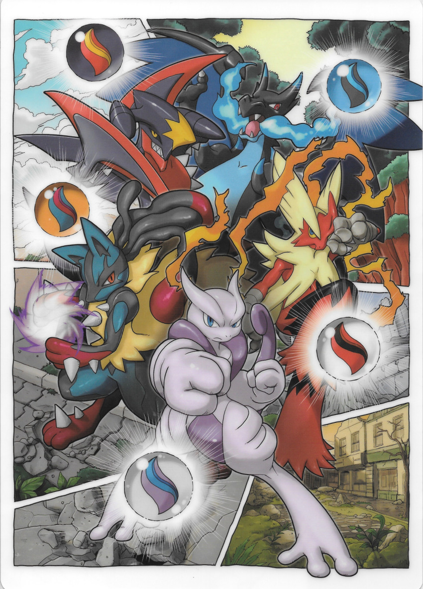 aura black_sclera blaziken blue_eyes building canyon charizard claws clenched_hand cloud cloudy_sky colored_sclera dragon energy fangs fighting_stance fire garchomp gen_1_pokemon gen_3_pokemon gen_4_pokemon highres legendary_pokemon lucario mega_blaziken mega_charizard_x mega_garchomp mega_lucario mega_mewtwo_x mega_pokemon mega_stone mewtwo muscular nintendo pokemon pokemon_(creature) punching red_eyes sharp_teeth shitajiki sky tail teeth wings yellow_eyes yellow_sclera