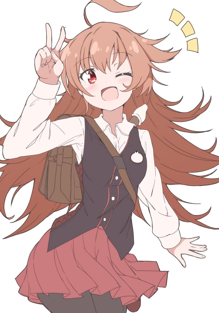 1girl ahoge black_vest brown_bag brown_eyes brown_hair do_(4-rt) duel_masters duel_masters_play&#039;s highres huge_ahoge kokko_rupiko long_hair long_sleeves looking_at_viewer notice_lines one_eye_closed open_mouth pantyhose pleated_skirt red_skirt shirt simple_background skirt solo v very_long_hair vest white_background white_shirt