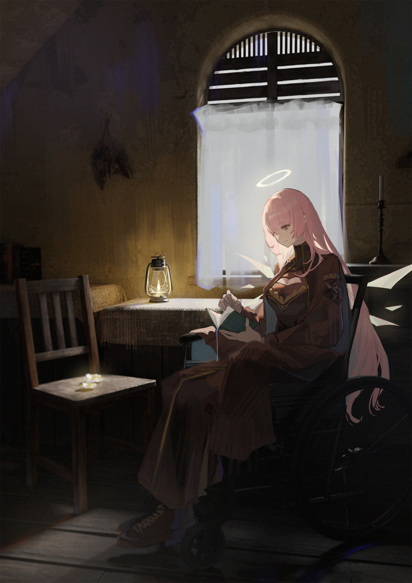 1girl arknights backlighting book candle candlestand chair commentary_request dress halo highres holding holding_book indoors lantern lemuen_(arknights) long_hair nanase_(nanase_cg) open_book pink_eyes pink_hair reading smile solo table very_long_hair wheelchair window wooden_floor
