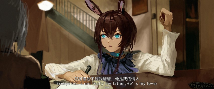 2girls amiya_(arknights) animal_ear_fluff animal_ears arknights ascot bare_shoulders blue_collar blue_eyes brown_hair chinese_text collar dress english_text hair_between_eyes highres holding indoors infection_monitor_(arknights) kal&#039;tsit_(arknights) leon_the_professional lingear long_sleeves mathilda_lando multiple_girls off_shoulder open_mouth parody pointing purple_ascot rabbit_ears scene_reference shirt short_hair white_shirt