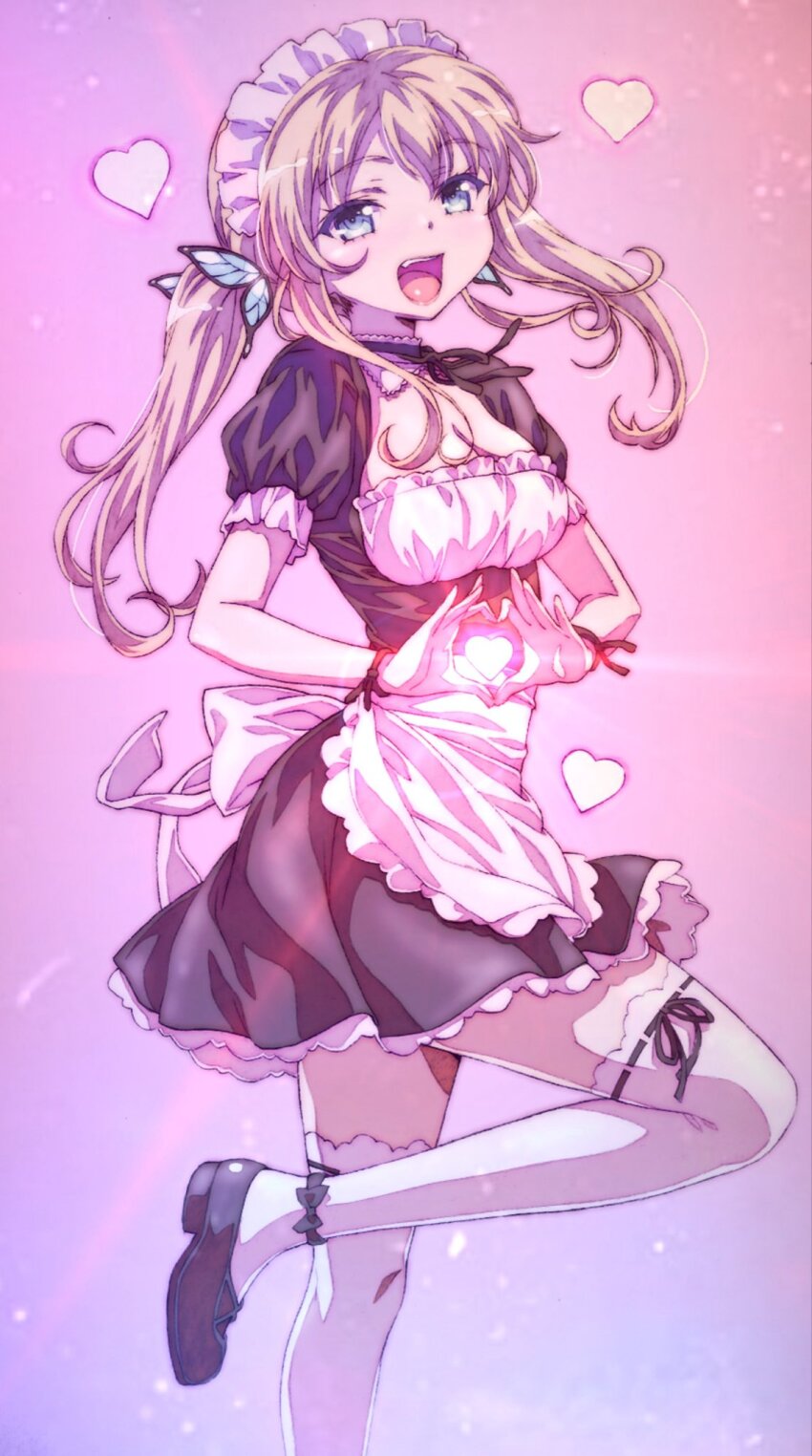 1girl :d apron black_choker black_shoes blonde_hair blue_eyes boku_wa_tomodachi_ga_sukunai breasts butterfly_hair_ornament choker cleavage commentary_request fang foot_out_of_frame frilled_choker frills hair_ornament heart heart_hands highres kashiwazaki_sena large_breasts long_hair looking_at_viewer maid maid_headdress moe_moe_kyun! official_alternate_costume official_alternate_hairstyle official_artist_extra open_mouth ribbon ribbon-trimmed_thighhighs ribbon_trim shoes short_sleeves smile standing standing_on_one_leg thighhighs tray twintails waist_apron watanabe_yoshihiro white_apron white_thighhighs wrist_ribbon zettai_ryouiki