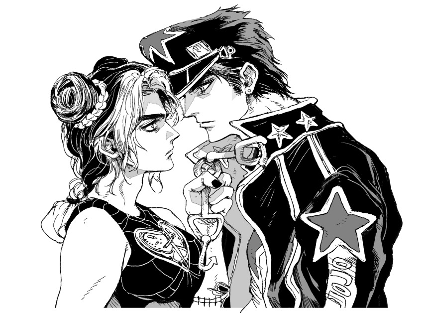 1boy 1girl braid bun_with_braided_base chain coat commentary cone_hair_bun double_bun father_and_daughter greyscale hair_bun hat heart_ornament high_collar highres holding holding_chain jojo_no_kimyou_na_bouken kuujou_jolyne kuujou_joutarou looking_at_another monochrome my_nameisyoon nail_polish peaked_cap simple_background spider_web_print star_(symbol) star_print stone_ocean tank_top white_background