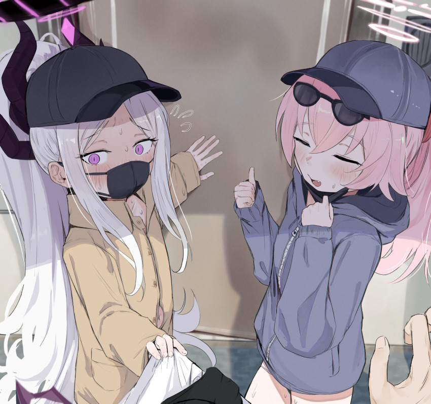 1boy 2girls blue_archive blush commentary esearu halo hat highres hina_(blue_archive) horns hoshino_(blue_archive) jacket long_hair mask mouth_mask multiple_girls paid_reward_available pink_hair ponytail pov purple_eyes sunglasses white_hair