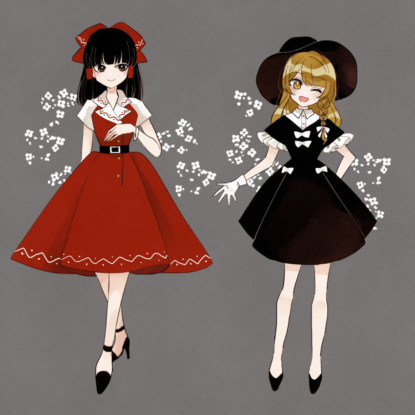 2girls adapted_costume alternate_costume belt black_belt black_dress black_footwear black_hair black_hat blonde_hair bow bracelet braided_sidelock dress dress_bow frilled_sleeves frills full_body gloves grey_background hair_bow hair_tubes hakurei_reimu hat high_heels highres jewelry katsuragi_atori kirisame_marisa looking_at_viewer multiple_girls one_eye_closed red_bow red_dress standing touhou white_bow white_gloves
