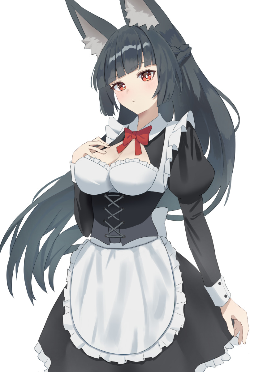 1girl absurdres animal_ear_fluff animal_ears apron black_hair black_skirt blunt_bangs bow bowtie breasts cowboy_shot fox_ears fox_girl highres hoshimi_miyabi huyu_(user_jztp2782) large_breasts long_hair maid red_bow red_bowtie red_eyes skirt white_apron white_background zenless_zone_zero