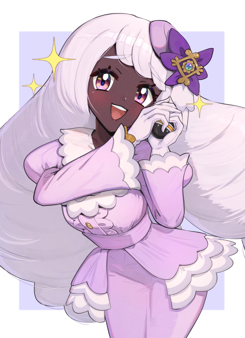 1girl absurdres blush breasts dark-skinned_female dark_skin dress fascinator frills gloves gonzarez highres holding holding_poke_ball jacinthe_(pokemon) juliet_sleeves long_hair long_sleeves looking_at_viewer low_drills luxury_ball medium_breasts mega_stone nintendo open_mouth poke_ball pokemon pokemon_legends:_z-a puffy_sleeves purple_dress purple_eyes purple_hair smile solo star_(symbol) teeth upper_teeth_only very_dark_skin white_gloves
