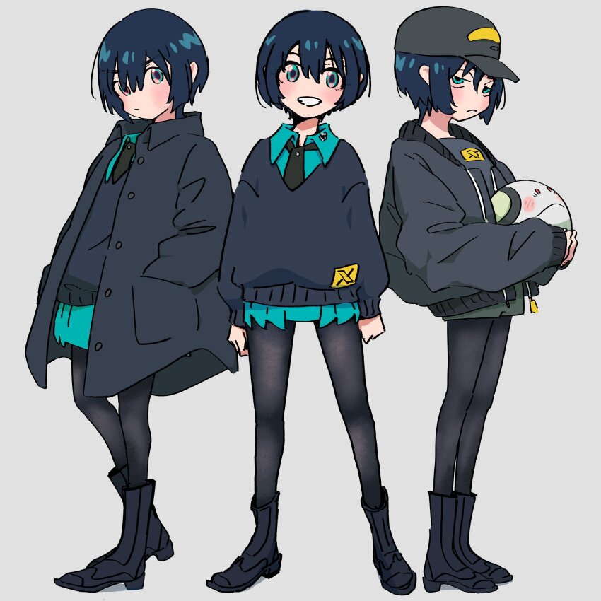 1girl absurdres alternate_color alternate_hair_color amate_yuzuriha baseball_cap black_hair black_necktie black_pantyhose black_shoes blue_eyes blue_shirt blush bomber_jacket boots coat commentary_request full_body grey_background grin gundam gundam_gquuuuuux haro hat highres holding jacket multiple_persona necktie oversized_clothes pantyhose school_uniform shirt shoes short_hair simple_background skirt smile standing sweater xoo_(x)