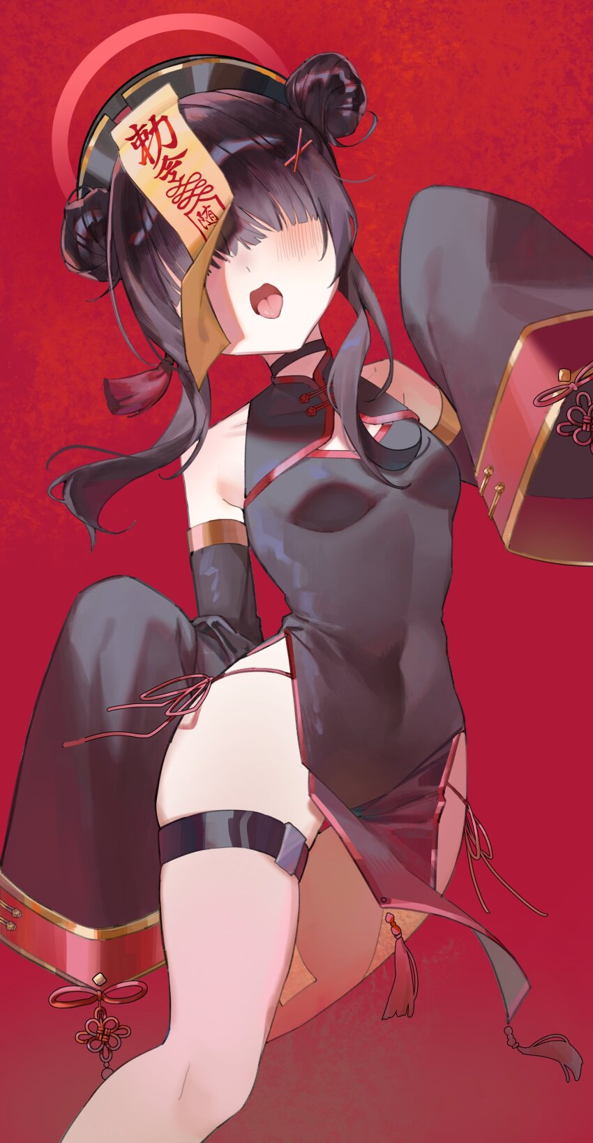 1girl absurdres alternate_costume alternate_hairstyle bare_shoulders black_choker black_dress blue_archive blush breasts china_dress chinese_clothes choker cleavage_cutout clothing_cutout detached_sleeves double_bun dress extra faceless faceless_female hair_bun hair_ornament halo highres jiangshi_costume justice_task_force_member_(blue_archive) long_hair may.l open_mouth panties pelvic_curtain red_background red_panties side-tie_panties sleeves_past_fingers sleeves_past_wrists small_breasts solo string_panties talisman tongue tongue_out underwear x_hair_ornament