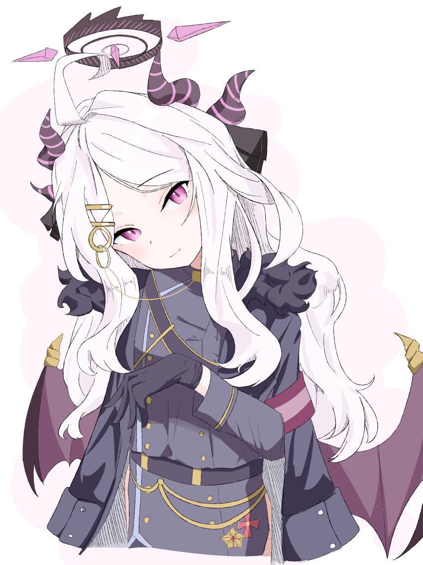 1girl absurdres ahoge armband belt black_belt black_coat black_gloves black_halo blue_archive blush breasts coat coat_on_shoulders commentary_request demon_girl demon_horns demon_wings gloves halo highres hina_(blue_archive) horns long_hair looking_at_viewer low_wings maguroyukke111 purple_eyes red_armband simple_background small_breasts solo very_long_hair white_hair wings