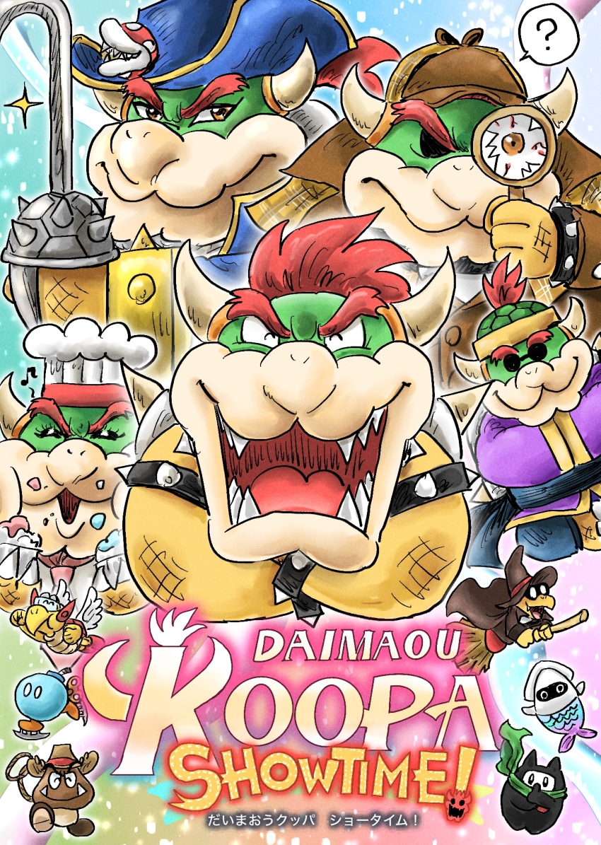 ? blooper_(mario) bob-omb bowser bracelet chef_hat coat colored_skin cosplay cowboy_hat detective detective_peach fangs food food_on_face goomba green_scarf hat highres holding holding_magnifying_glass horns ice_skates jewelry kamek kicdon koopa_troopa kung_fu_peach magnifying_glass male_focus mario_(series) mermaid_costume mighty_peach ninji nintendo open_mouth parody patissiere_peach piranha_plant princess_peach princess_peach:_showtime! princess_peach_(cosplay) scarf skates solid_oval_eyes sparkle spiked_bracelet spikes swordfighter_peach title_parody trench_coat wide_sleeves wings witch_hat yellow_skin