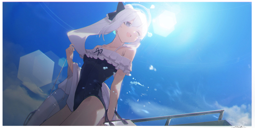1girl absurdres blue_archive blue_halo blue_one-piece_swimsuit bow casual_one-piece_swimsuit frilled_one-piece_swimsuit frills hair_bow halo hayate_(1034853996) highres lens_flare long_hair miyako_(blue_archive) miyako_(swimsuit)_(blue_archive) off-shoulder_one-piece_swimsuit off_shoulder official_alternate_costume one-piece_swimsuit one_eye_closed ponytail purple_eyes smile swim_ring swimsuit transparent_bag white_hair white_innertube