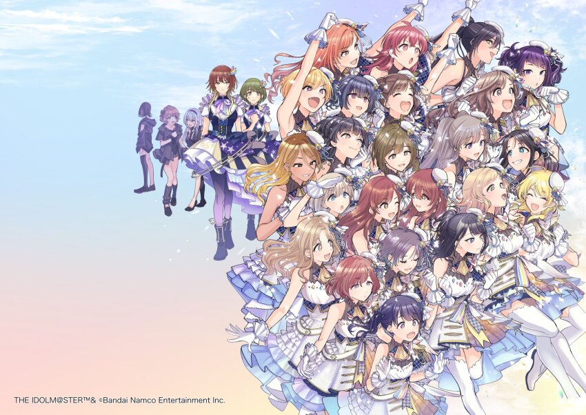 6+girls ahoge aketa_mikoto alstroemeria_(idolmaster) arisugawa_natsuha arm_up asakura_toru bare_shoulders black_hair black_hairband blonde_hair blue_hair blue_sky blunt_bangs braid breasts brown_eyes brown_hair closed_eyes cometik_(idolmaster) cometik_note_(idolmaster) company_name copyright_name dark-skinned_female dark_skin diagonal_bangs double_bun dress everyone frilled_dress frills from_behind fukumaru_koito gloves gradient_background gradient_hair green_hair grey_hair gyaru hachimiya_meguru hair_between_eyes hair_bun hairband happy highres higuchi_madoka houkago_climax_girls_(idolmaster) ichikawa_hinana idol idolmaster idolmaster_shiny_colors illumination_stars_(idolmaster) izumi_mei kazano_hiori komiya_kaho kuwayama_chiyuki l&#039;antica_(idolmaster) layered_dress light_brown_hair long_hair looking_ahead looking_at_another low_twintails mayuzumi_fuyuko medium_breasts medium_hair mitsumine_yuika morino_rinze multicolored_hair multiple_girls nanakusa_nichika noctchill_(idolmaster) official_art open_mouth osaki_amana osaki_tenka pantyhose ponytail red_eyes red_hair saijo_juri sakuragi_mano serizawa_asahi shirase_sakuya short_twintails siblings sisters sky small_breasts smile sonoda_chiyoko straylight_(idolmaster) sunset_skypassage_(idolmaster) swept_bangs tan tanaka_mamimi third-party_source tsukioka_kogane twins twintails uniteverse_planetary_(idolmaster) white_gloves yellow_eyes yorude_guutarou yukoku_kiriko