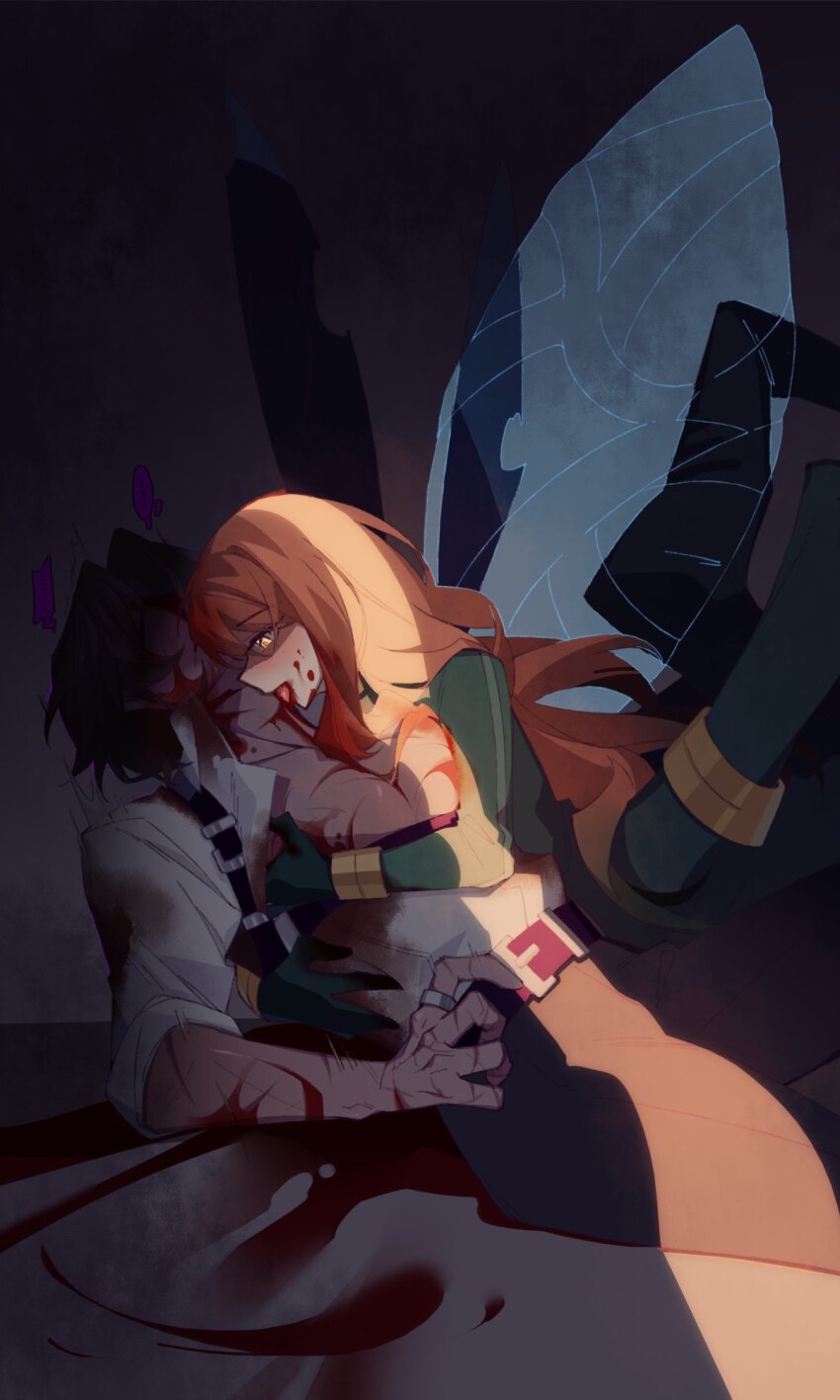 1boy 1girl biting black_pants bracelet brown_hair dark-skinned_male dark_skin e.g.o_(project_moon) fairy_festival fairy_wings heathcliff_(project_moon) hetero highres ishmael_(project_moon) jewelry licking_blood limbus_company long_hair long_sleeves mercuryhx orange_hair pants pectorals project_moon scar shirt very_long_hair white_shirt wingbeat_(e.g.o) wings