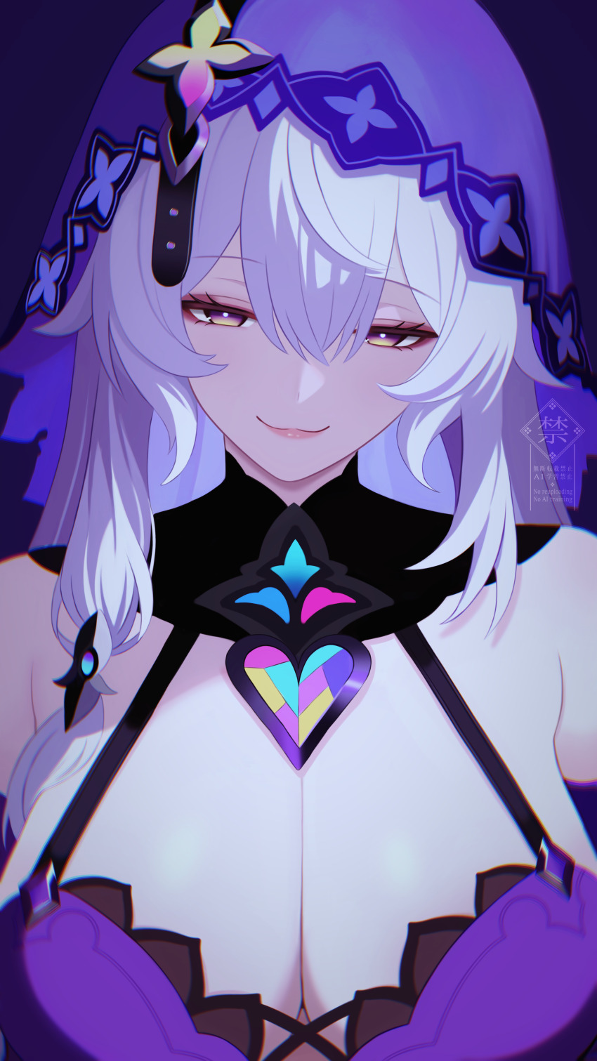 1girl absurdres bare_shoulders black_swan_(honkai:_star_rail) breasts cleavage closed_mouth commentary_request fuminshou_(nekopan_art) hair_between_eyes heart highres honkai:_star_rail honkai_(series) large_breasts long_hair looking_at_viewer purple_eyes purple_hair purple_veil sleeveless smile solo star_(symbol) upper_body veil very_long_hair