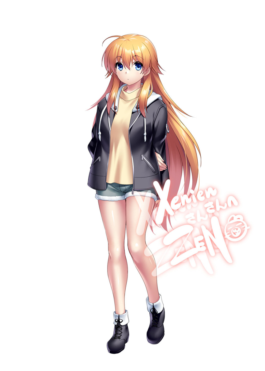 1girl ahoge alternate_costume angel_beats! arms_behind_back black_boots black_jacket blue_eyes boots casual closed_mouth commentary commission denim denim_shorts english_commentary expressionless eyes_visible_through_hair frown full_body hair_between_eyes highres hood hood_down hooded_jacket jacket legs light_blush long_hair looking_at_viewer open_clothes open_jacket orange_hair paid_reward_available second-party_source sekine_shiori shirt shorts sidelocks simple_background skeb_commission solo spiked_hair sprite standing straight-on tying_footwear variant_set very_long_hair white_background yellow_shirt zen_(kamuro)
