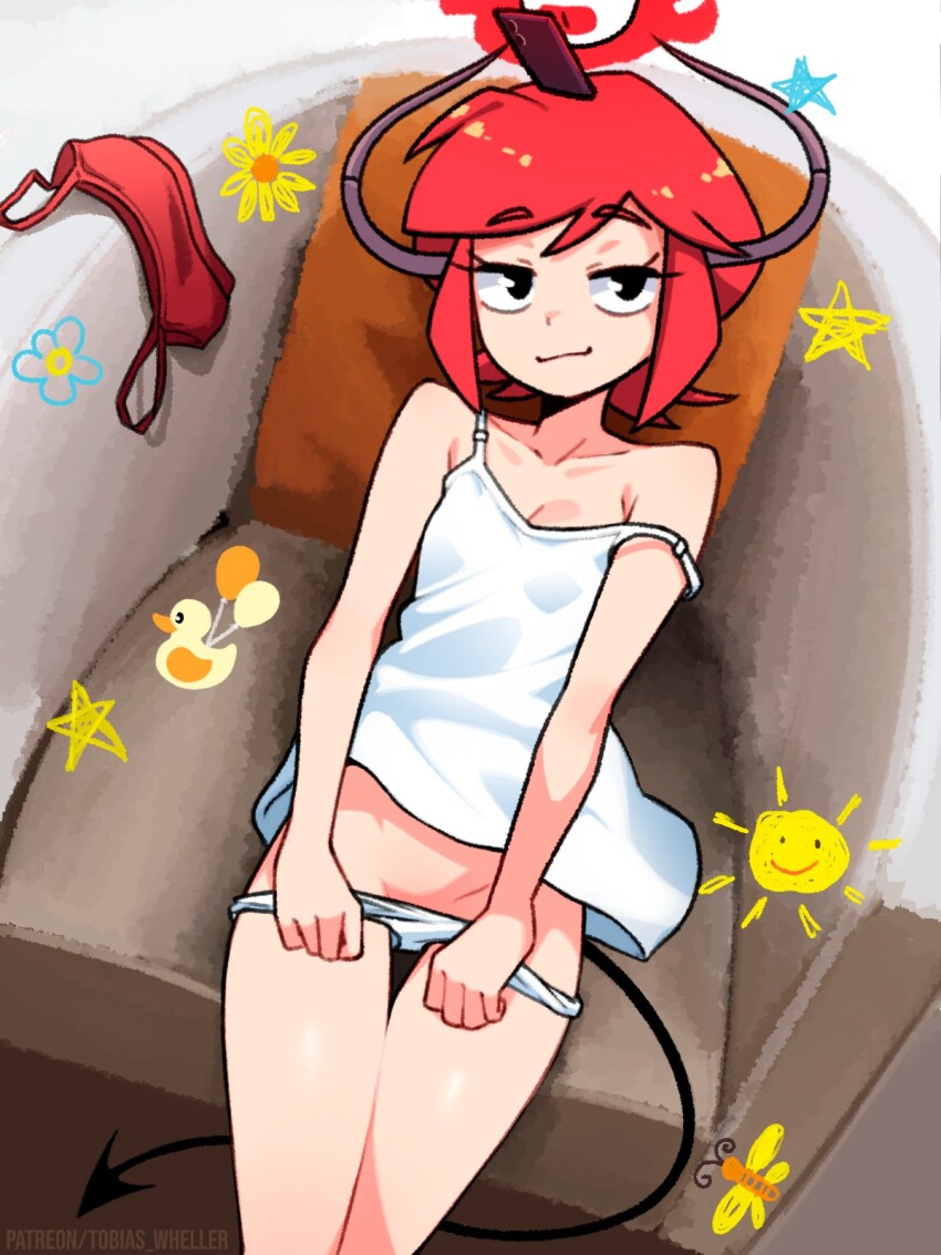 1girl armchair artist_name aura balloon bare_shoulders bee bird black_eyes blue_flower bra breasts bug camisole cellphone chair child&#039;s_drawing cleavage closed_mouth convenient_censoring demon_girl demon_horns demon_tail disembodied_eye duck dutch_angle eyelashes feet_out_of_frame flower from_above grey_horns groin highres horns insect leaning_back light_smile looking_at_viewer looking_up lounging maddie_(tobias_wheller) naughty_face on_chair original panties panty_pull phone pillow pulling_own_clothes red_bra red_hair short_hair signature sitting small_breasts smartphone smile smiley_face smirk solo spaghetti_strap star_(symbol) strap_slip sun swept_bangs tail thigh_gap tobias_wheller training_bra underwear undressing unworn_bra upturned_eyes white_camisole yellow_flower