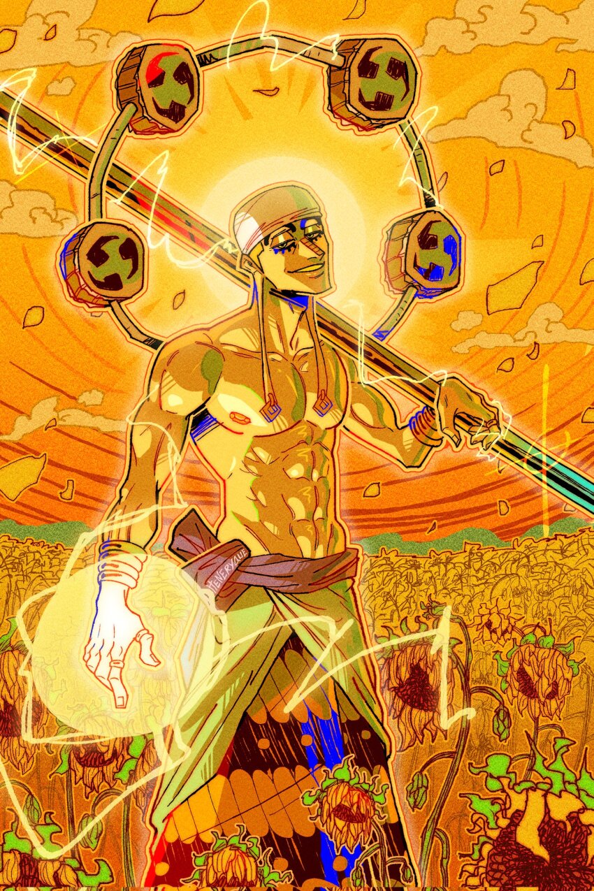 1boy abs bandana drum electricity enel field flower flower_field heneryque highres holding holding_staff instrument jewelry long_earlobes looking_at_viewer male_focus one_piece outdoors ring sash smirk solo staff sunflower sunflower_field topless_male white_bandana