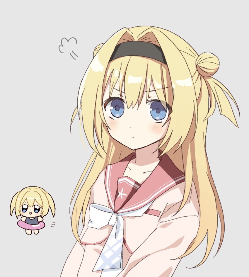 1girl :t black_hairband blonde_hair blue_eyes blush bow chibi chibi_inset chitose_sana closed_mouth commentary_request double_bun grey_background hair_bun hair_intakes hairband highres long_hair long_sleeves looking_at_viewer nunu_nunu_j pink_shirt pout puff_of_air red_sailor_collar sailor_collar school_uniform serafuku shirt simple_background solo straight_hair swim_ring tareme tenshinranman twintails two_side_up upper_body v-shaped_eyebrows white_bow