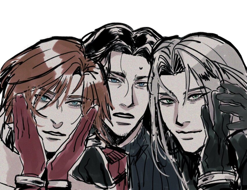 3boys angeal_hewley black_gloves blue_eyes crisis_core_final_fantasy_vii eyelashes facial_hair final_fantasy final_fantasy_vii genesis_rhapsodos gloves green_eyes hand_on_another&#039;s_cheek hand_on_another&#039;s_face hand_on_own_face ht8207 long_hair male_focus multiple_boys parted_lips red_gloves sephiroth short_hair slit_pupils sweatdrop turtleneck white_background