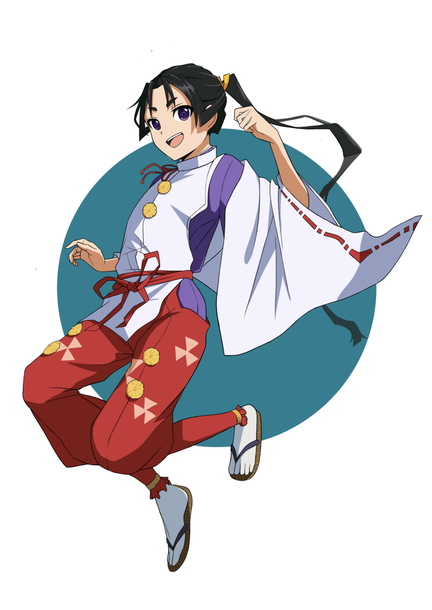 1boy absurdres androgynous black_hair full_body highres houjou_tokiyuki_(nige_jouzu_no_wakagimi) long_hair looking_at_viewer male_focus nige_jouzu_no_wakagimi norimi_(01norimi28) open_mouth pants ponytail red_pants ribbon-trimmed_sleeves ribbon_trim sandals smile solo wide_sleeves