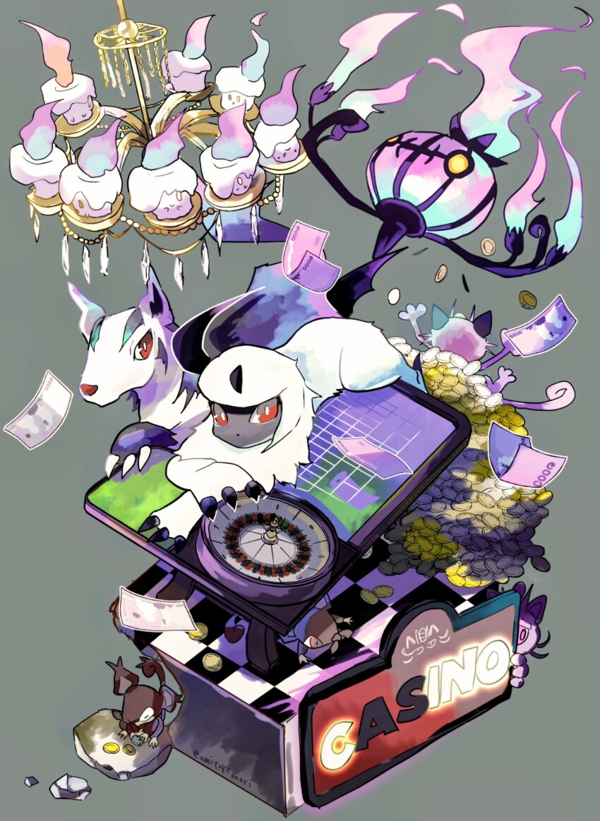 absol alolan_form alolan_meowth alolan_rattata animal_focus black_fur chandelier chandelure checkered_floor claws coin english_text fire forehead_jewel gen_3_pokemon gen_5_pokemon gen_7_pokemon grey_background grey_fur highres horns litwick lying mightyena mouse_(animal) nintendo no_humans on_stomach pokemon pokemon_(creature) red_eyes rock simple_background single_horn tail two-tone_fur umipokemori white_fur yellow_eyes