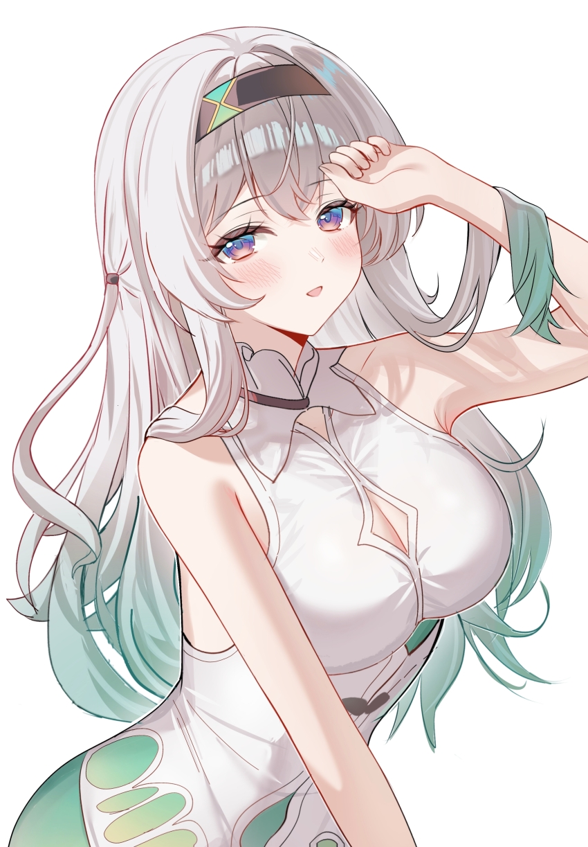 1girl absurdres arm_up bare_shoulders black_hairband blush breasts collarbone devl_ga_aru dress firefly_(honkai:_star_rail) gradient_hair grey_hair hair_between_eyes hairband highres honkai:_star_rail honkai_(series) large_breasts long_hair multicolored_hair open_mouth pink_eyes simple_background sleeveless sleeveless_dress smile solo white_background white_dress
