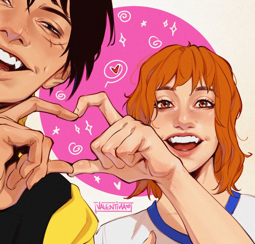 1boy 1girl absurdres artist_name black_hair brown_eyes facial_scar heart heart_hands heart_hands_duo highres looking_at_viewer monkey_d._luffy nami_(one_piece) nami_(one_piece)_(east_blue) one_piece one_piece_(live_action) open_mouth orange_hair scar scar_on_cheek scar_on_face shirt upper_body v-neck valentina_tavolilla white_shirt