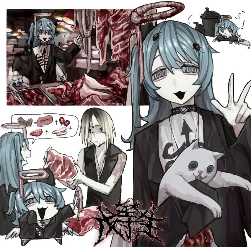 animal animal_on_head black_choker black_jacket blue_eyes blue_sclera bug cat chibi chibi_inset choker colored_sclera flesh fly food grey_cat halo highres holding holding_animal holding_cat holding_food insect intestines jacket market meat on_head open_mouth original smile speech_bubble trash trash_can v wuwuren