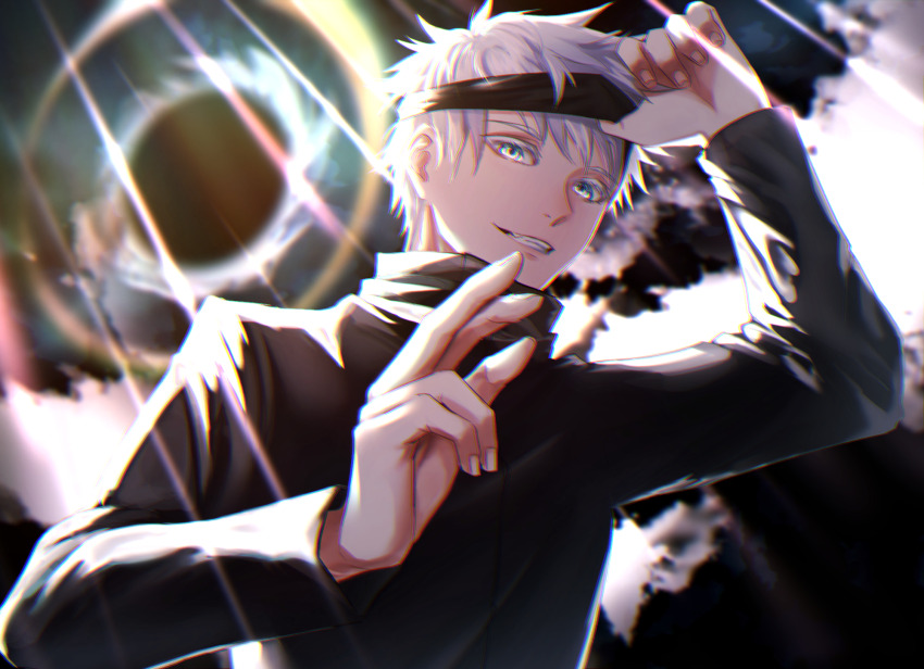 1boy arm_up black_hole blindfold blindfold_lift blue_eyes colored_eyelashes domain_expansion gojou_satoru grin high_collar highres jujutsu_kaisen jujutsu_tech_uniform long_sleeves looking_at_viewer lucio_(luci0_52) male_focus short_hair smile solo unlimited_void_(jujutsu_kaisen) upper_body white_eyelashes white_hair