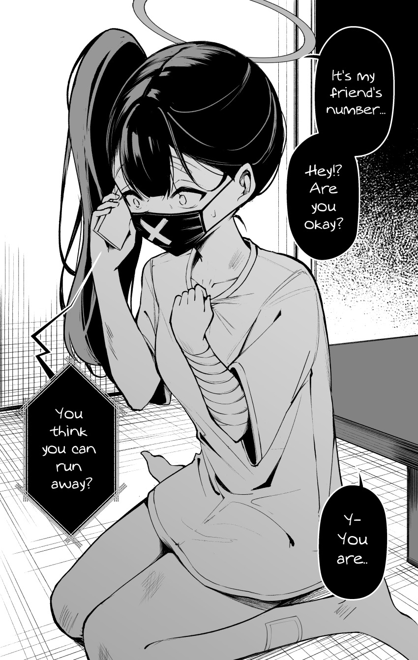 1girl absurdres bandaged_arm bandages blue_archive cellphone clover_dot_(clov_erd) covered_mouth english_text full_body gauze gauze_on_leg greyscale halo highres holding holding_phone long_hair mask monochrome mouth_mask on_floor phone shirt short_sleeves side_ponytail sitting smartphone solo speech_bubble sukeban_(smg)_(blue_archive) t-shirt talking_on_phone wariza wide-eyed
