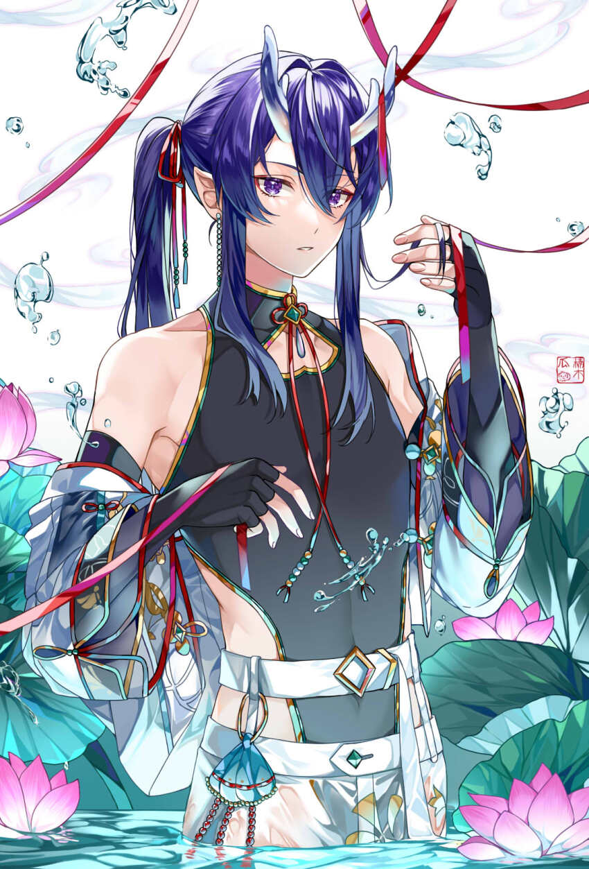 1boy beads belt black_gloves black_leotard clothing_cutout collar_cutout collarbone covered_navel cowboy_shot double-parted_bangs earrings eastern_dragon_horns elbow_gloves ensemble_stars! eyeliner fingerless_gloves flower gem gloves green_gemstone hair_between_eyes hair_intakes hair_ribbon hand_up highres holding holding_own_hair jacket jewelry kanzaki_souma leotard long_hair looking_at_viewer lotus lotus_leaf makeup male_focus nancy980216 neck_ribbon off_shoulder official_alternate_costume pankou pants parted_lips partially_submerged pectorals pink_flower pointy_ears purple_eyes purple_hair red_eyeliner ribbon seal_impression see-through_clothes see-through_pants shell_cutout side_cutout sidelocks sidepec sleeveless_turtleneck_leotard solo water white_background white_belt white_jacket