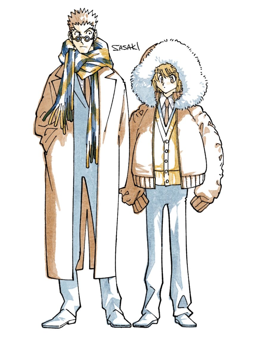 2boys alternate_costume blonde_hair blue_pants blue_shoes blue_suit brown_coat brown_eyes brown_hair brown_necktie coat collared_shirt formal_clothes full_body fur_hood highres hunter_x_hunter kurapika leorio_paladiknight limited_palette looking_at_another looking_at_viewer male_focus multiple_boys necktie pants round_eyewear sasaki_koguma scarf shirt shoes short_hair simple_background sleeves_past_fingers sleeves_past_wrists spiked_hair standing striped_clothes striped_scarf suit sunglasses white_background yellow_shirt