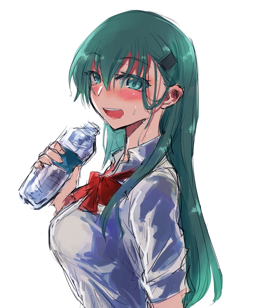 1girl agtt25333 aqua_eyes aqua_hair blush bottle bow bowtie breasts collared_shirt female_focus hair_between_eyes hair_ornament hair_over_shoulder hairclip highres holding holding_bottle kantai_collection long_hair loose_bowtie medium_breasts no_jacket open_mouth red_bow red_bowtie round_teeth shirt short_sleeves smile solo suzuya_(kancolle) sweat teeth upper_body water white_shirt